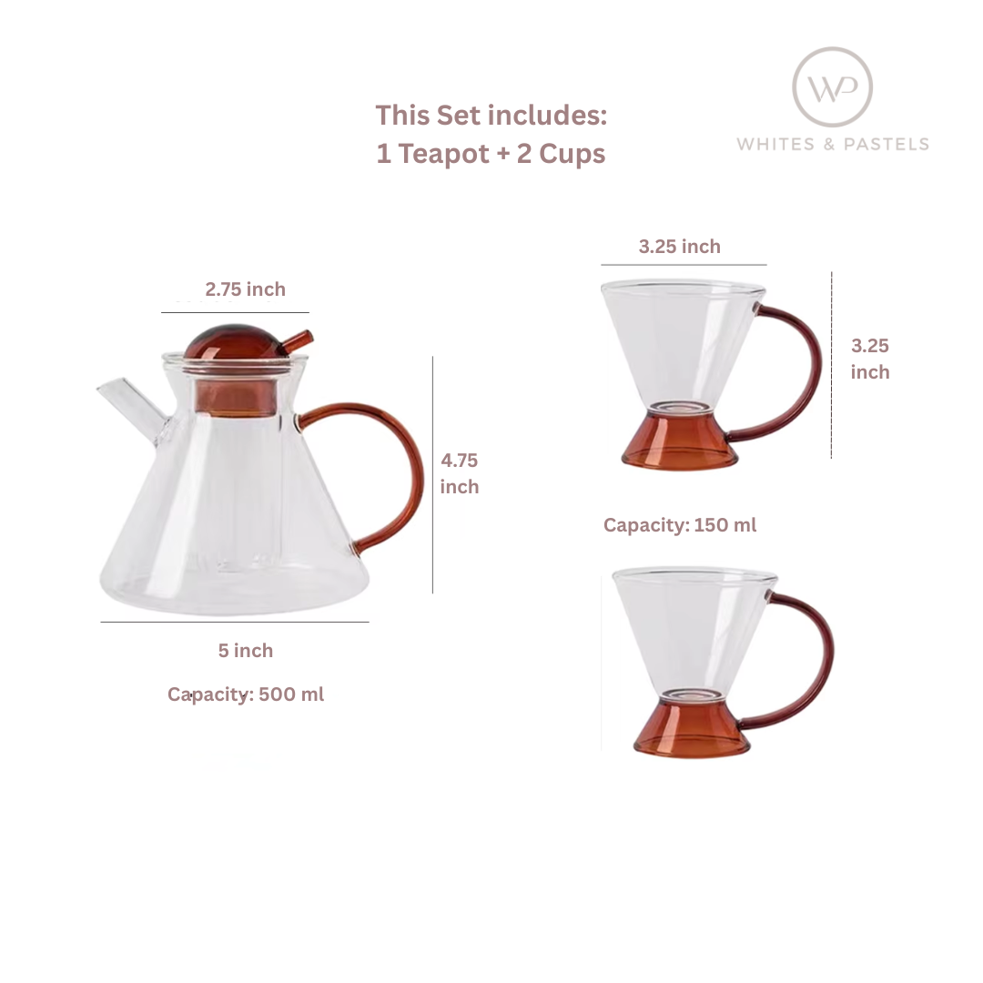 Amber glass teapot with 2 cups on white background