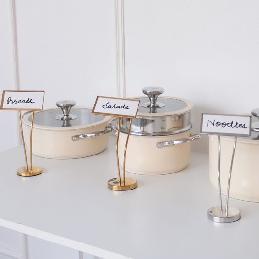 Luxury Metal Buffet Dish Name Stand – Gold & Silver | 8-Inch Table Display Stand for Events, Restaurants & Home Entertaining