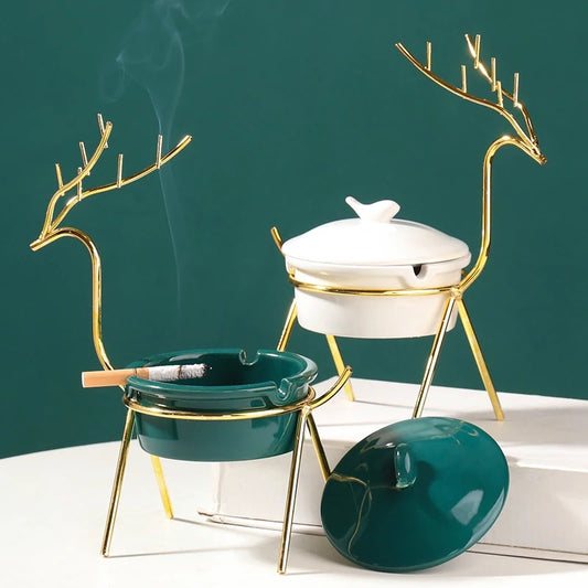 Ash Tray in gold frame - Standing Reindeer - Green