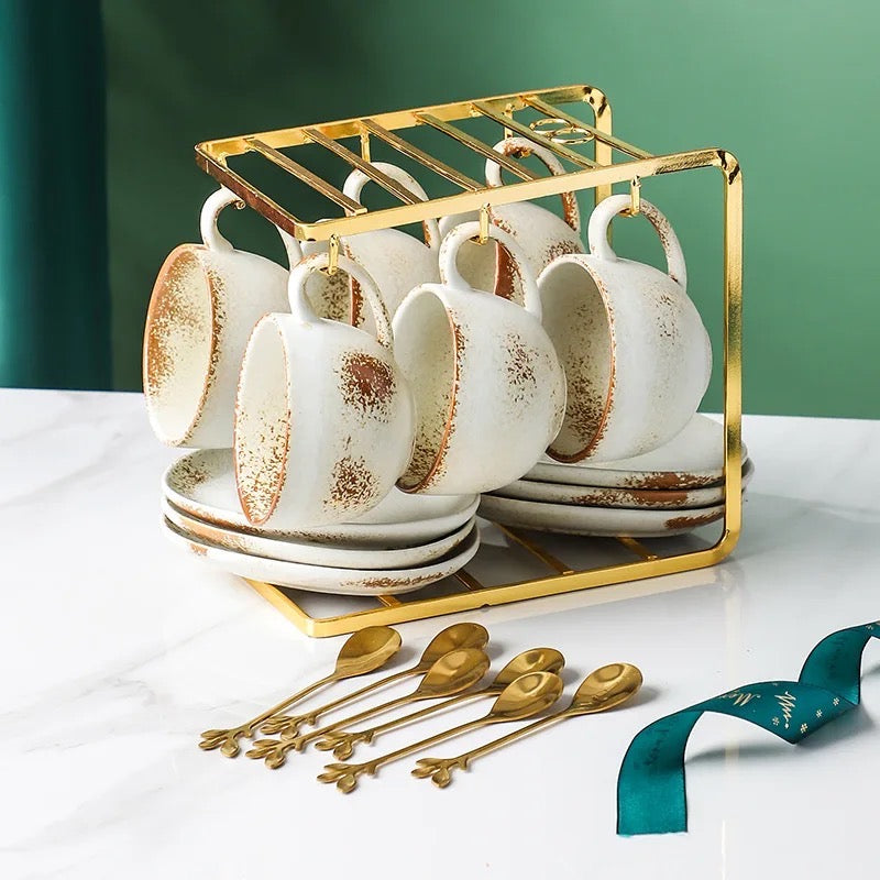 Golden Tea Cup & Saucer Stand for 6