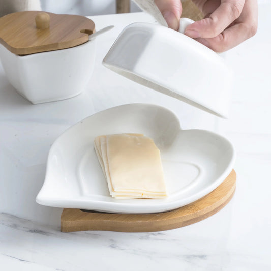 Porcelain Butter Dish with Lid and Wooden Base