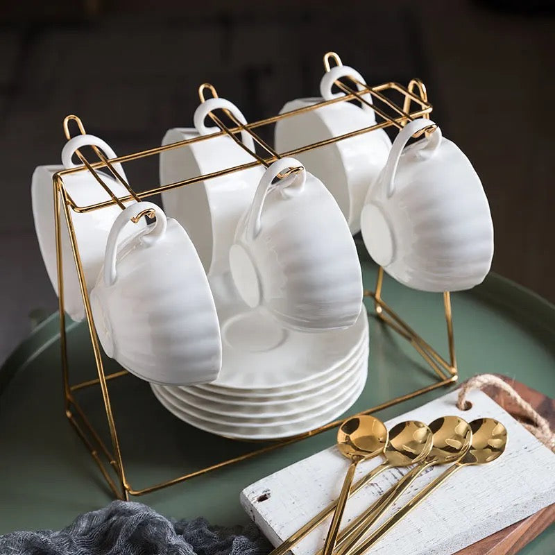Cup & Saucer with Gold Rim -19 piece Gift Set - Pumpkin Shape