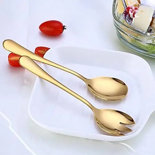 Serving Spoon and Serving Fork Set - Gold Stainless Steel
