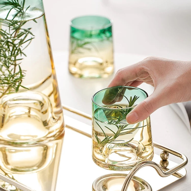 Carafe Luxury Set with 4 Glasses (with silver ball lid) - Green & Yellow Shaded