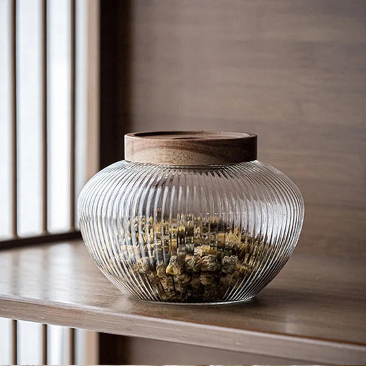 Borosilicate Glass Jars with Wooden Lid - Matka Ribbed Jar