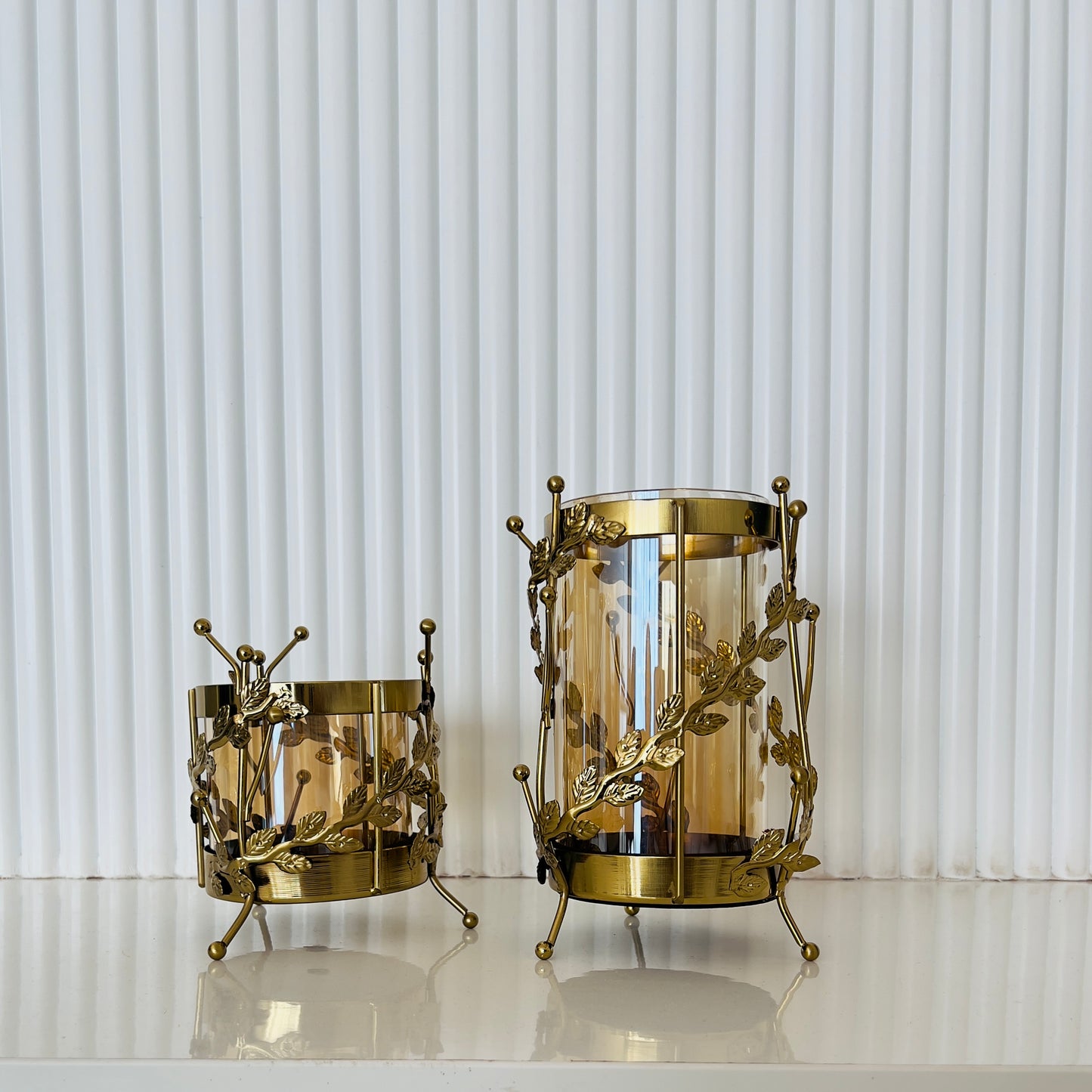 Amber Glass Hurricanes with Metal Vases - Set of 2