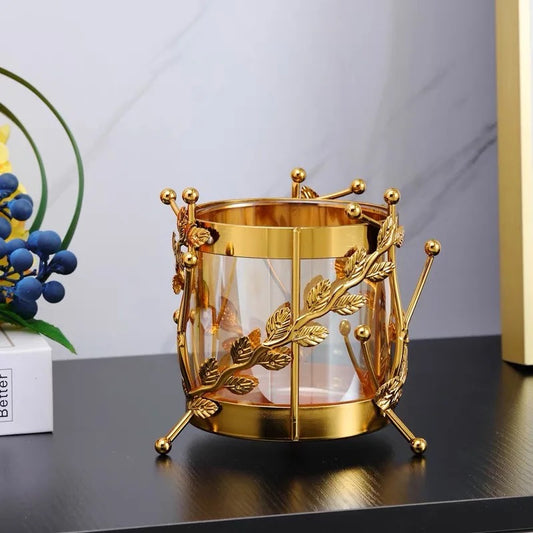 Amber Glass Hurricanes with Metal Vases - Set of 2