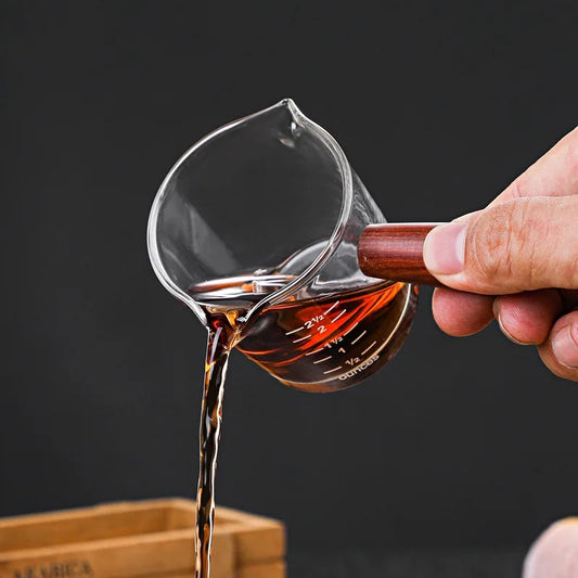 Glass Measurer and Tea Pan with Wooden Handle - 2 sizes (70ml and 400 ml)