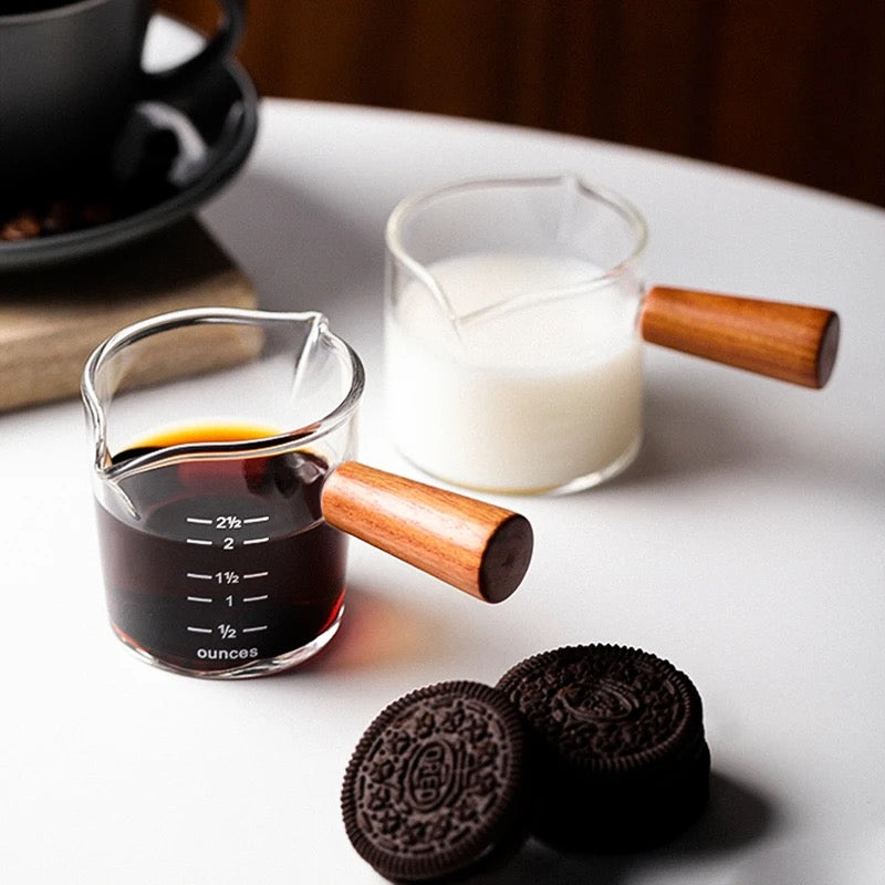 Glass Measurer and Tea Pan with Wooden Handle - 2 sizes (70ml and 400 ml)