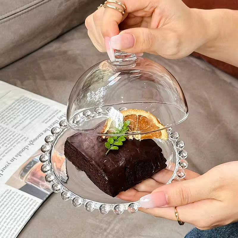 Glass Dessert Plate with Cloche Dome – Plain design with Heart border - 5.5 Inch