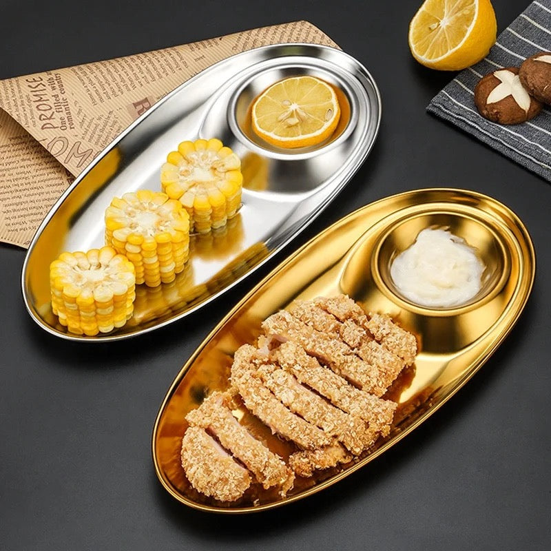 Gold Starter Snack Plate - Stainless Steel Chip & Dip Platter