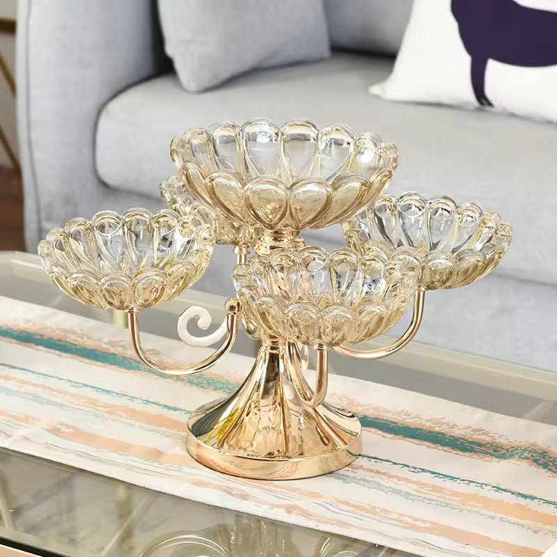 5-Bowl Glass Serving Stand with Gold Metal Frame | 2-Tier Buffet Server