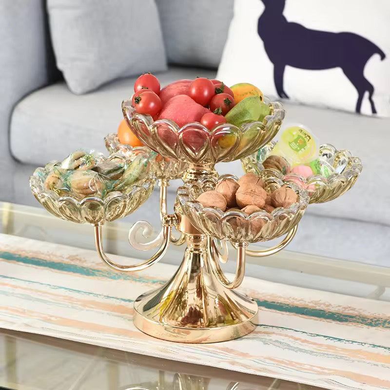 5-Bowl Glass Serving Stand with Gold Metal Frame | 2-Tier Buffet Server