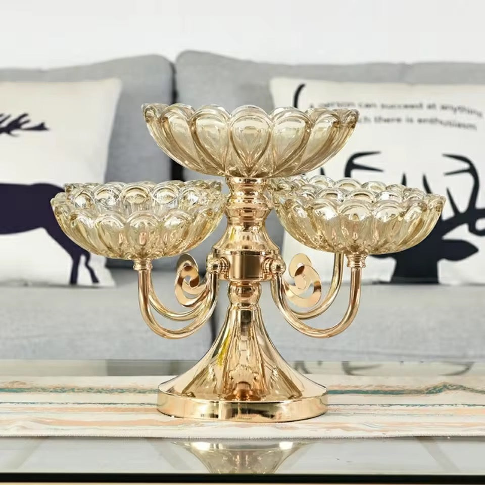 5-Bowl Glass Serving Stand with Gold Metal Frame | 2-Tier Buffet Server
