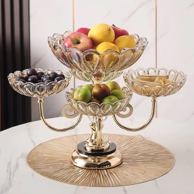 5-Bowl Glass Serving Stand with Gold Metal Frame | 2-Tier Buffet Server