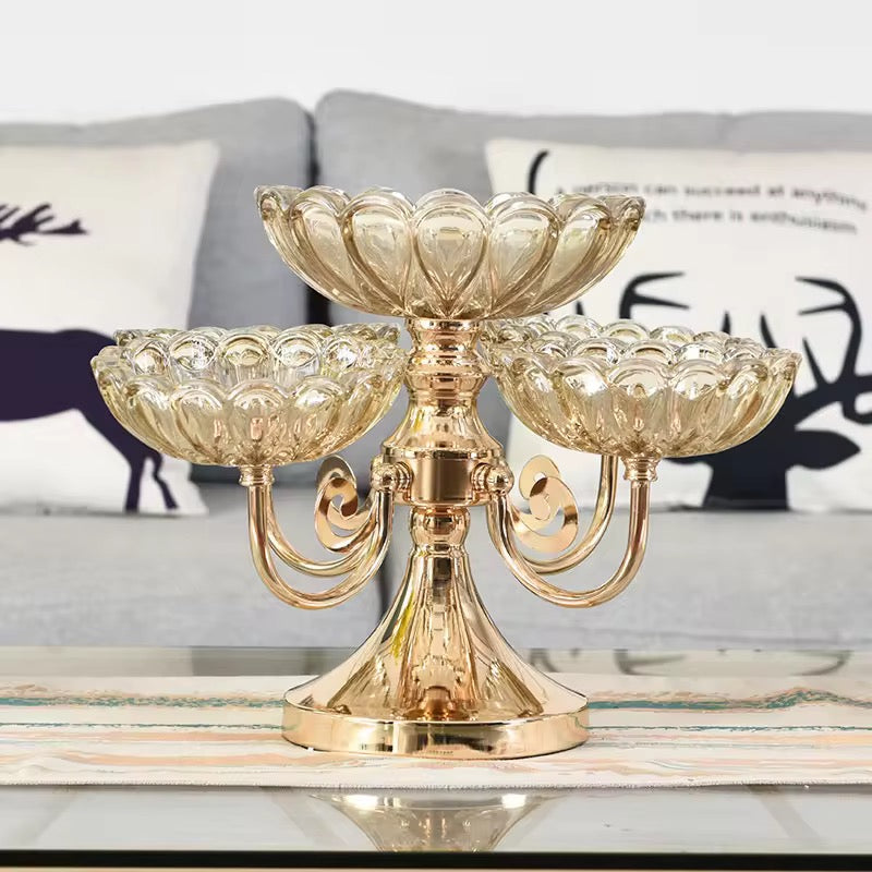 5-Bowl Glass Serving Stand with Gold Metal Frame | 2-Tier Buffet Server