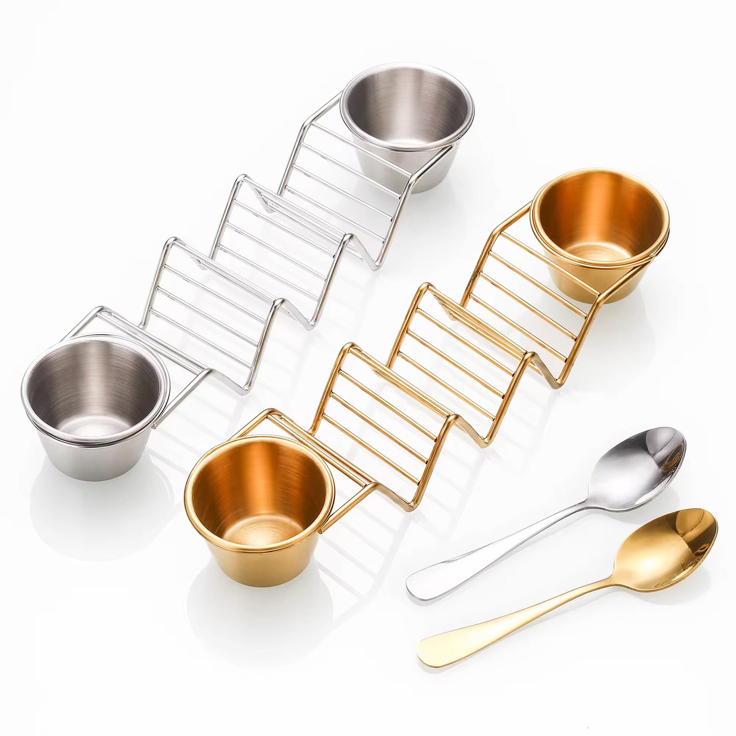 Taco and Sandwich Holder Stand with Dip Bowls | Gold & Silver | Stainless Steel
