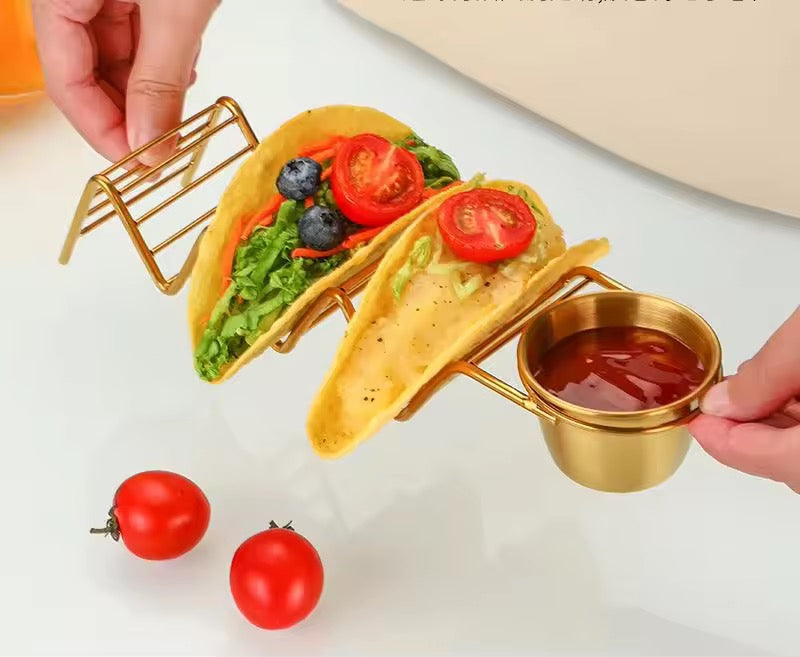 Stainless Steel Taco Holder Stand with Dip Bowls | Gold & Silver