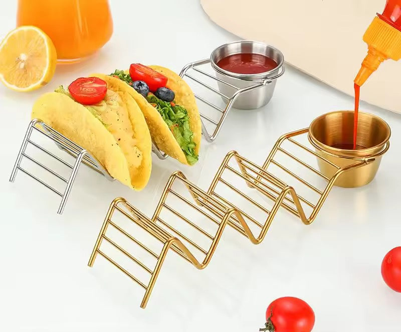 Stainless Steel Taco Holder Stand with Dip Bowls | Gold & Silver