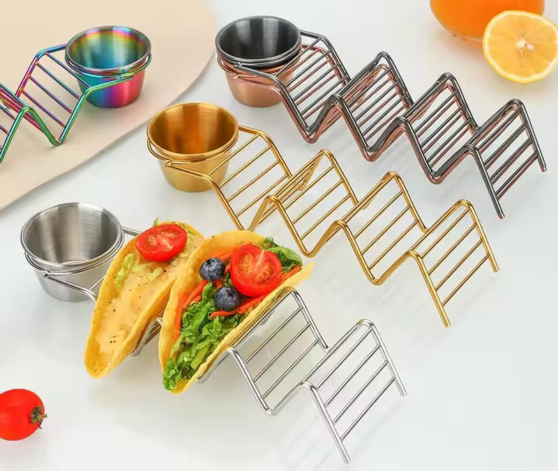 Stainless Steel Taco Holder Stand with Dip Bowls | Gold & Silver