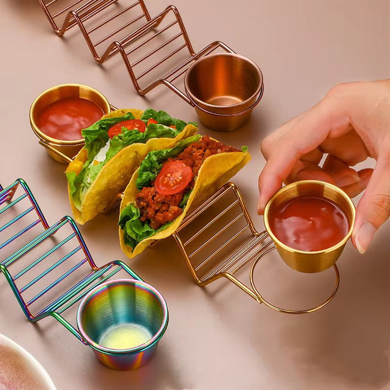 Stainless Steel Taco Holder Stand with Dip Bowls | Gold & Silver