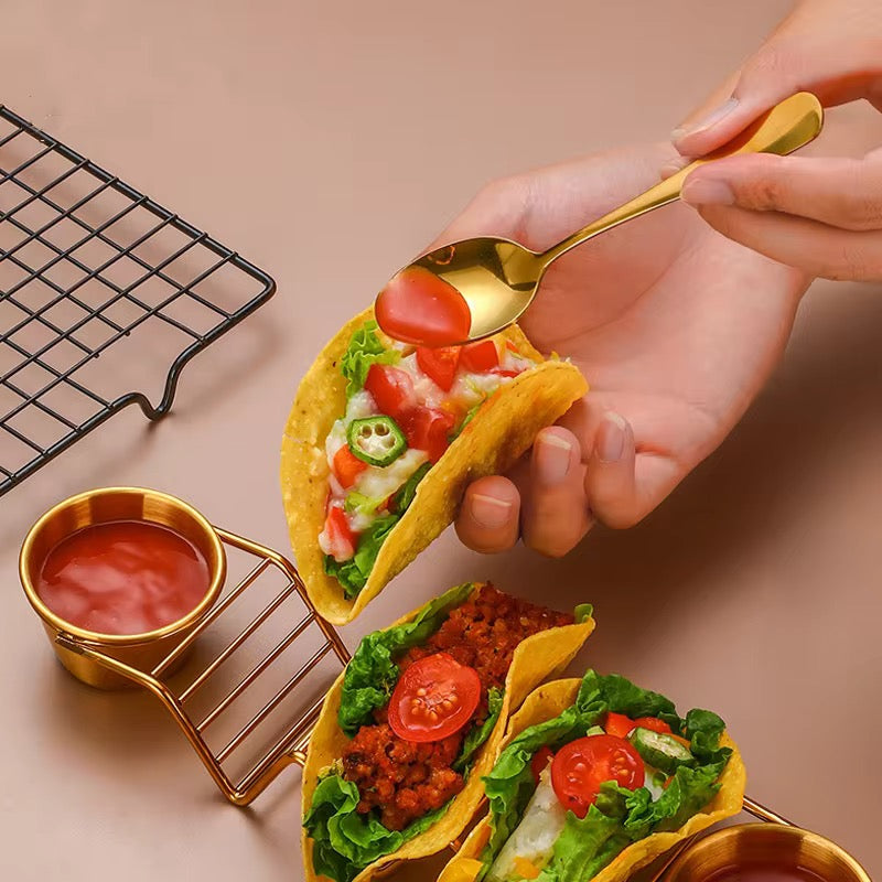 Stainless Steel Taco Holder Stand with Dip Bowls | Gold & Silver