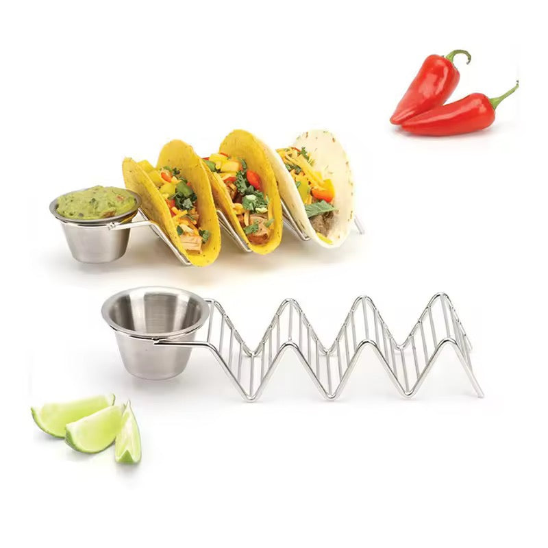 Stainless Steel Taco Holder Stand with Dip Bowls | Gold & Silver