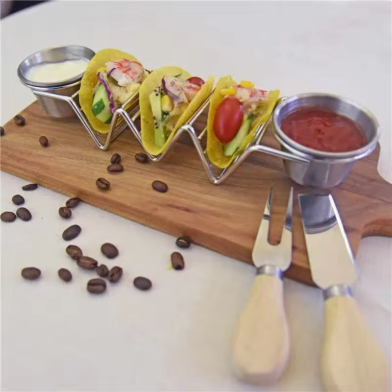 Stainless Steel Taco Holder Stand with Dip Bowls | Gold & Silver