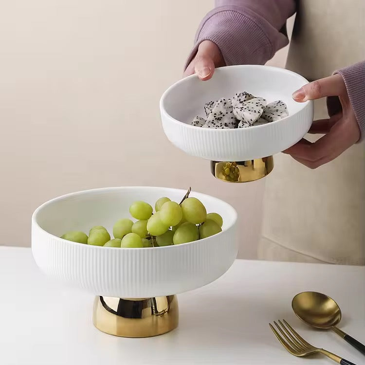 Luxury White Porcelain Footed Bowl with Gold Stand | High-End Fruit & Candy Bowl | Available in 2 Szes