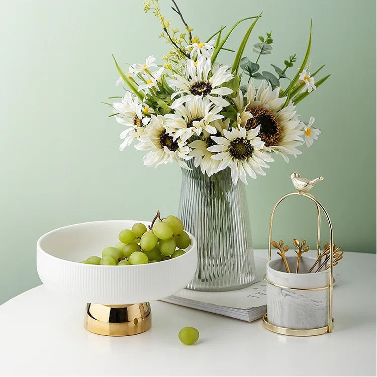 Luxury White Porcelain Footed Bowl with Gold Stand | High-End Fruit & Candy Bowl | Available in 2 Szes