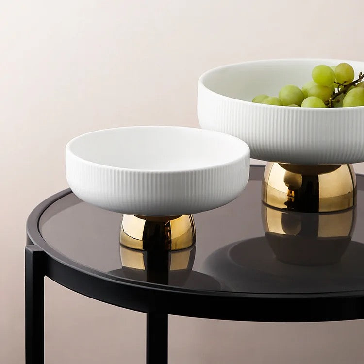 Luxury White Porcelain Footed Bowl with Gold Stand | High-End Fruit & Candy Bowl | Available in 2 Szes