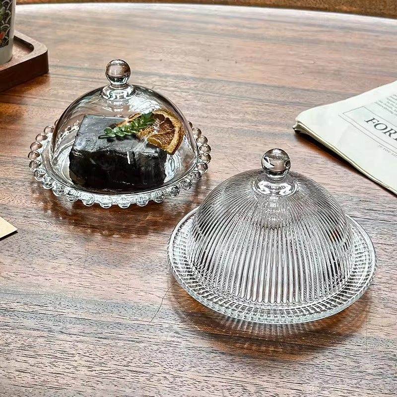 Glass Dessert Plate with Cloche Dome – Plain design with Heart border - 5.5 Inch