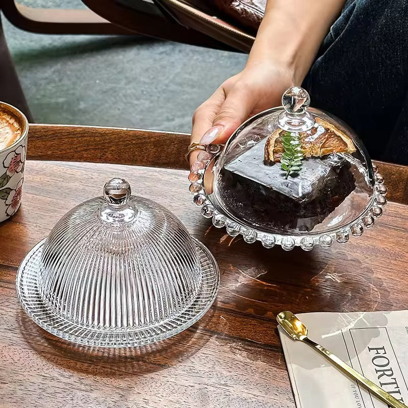 Glass Dessert Plate with Cloche Dome – Plain design with Heart border - 5.5 Inch