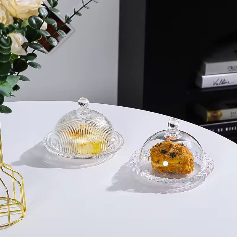 Glass Dessert Plate with Cloche Dome – Plain design with Heart border - 5.5 Inch