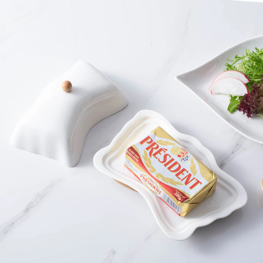 Butterfly-Inspired Porcelain Butter Dish with Detachable Wooden Base