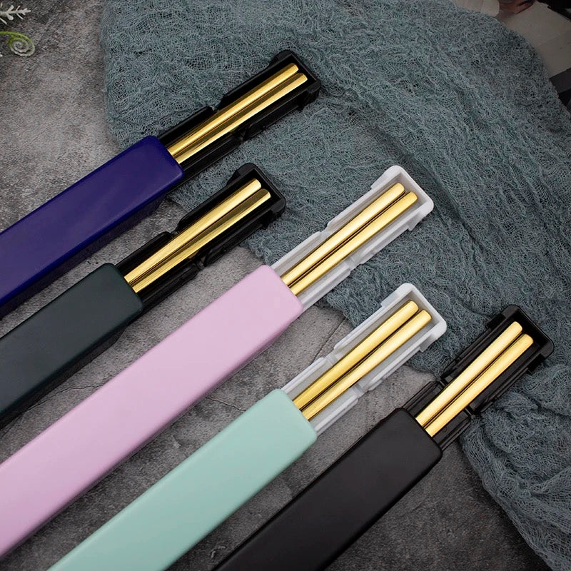 Designer Gold Stainless Steel Chopsticks with Travel Box