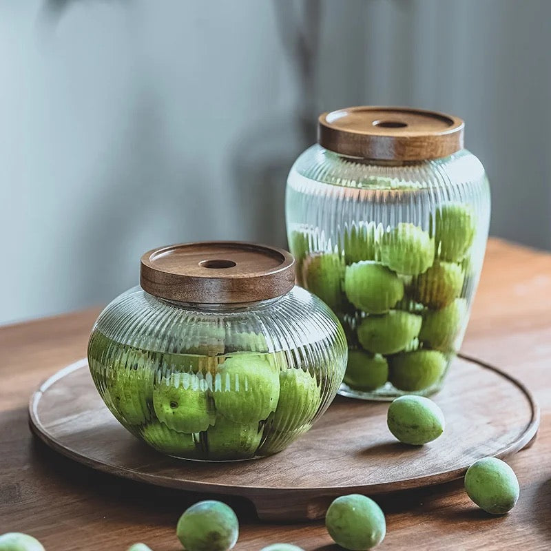 Borosilicate Glass Jars with Wooden Lid - Matka Ribbed Jar