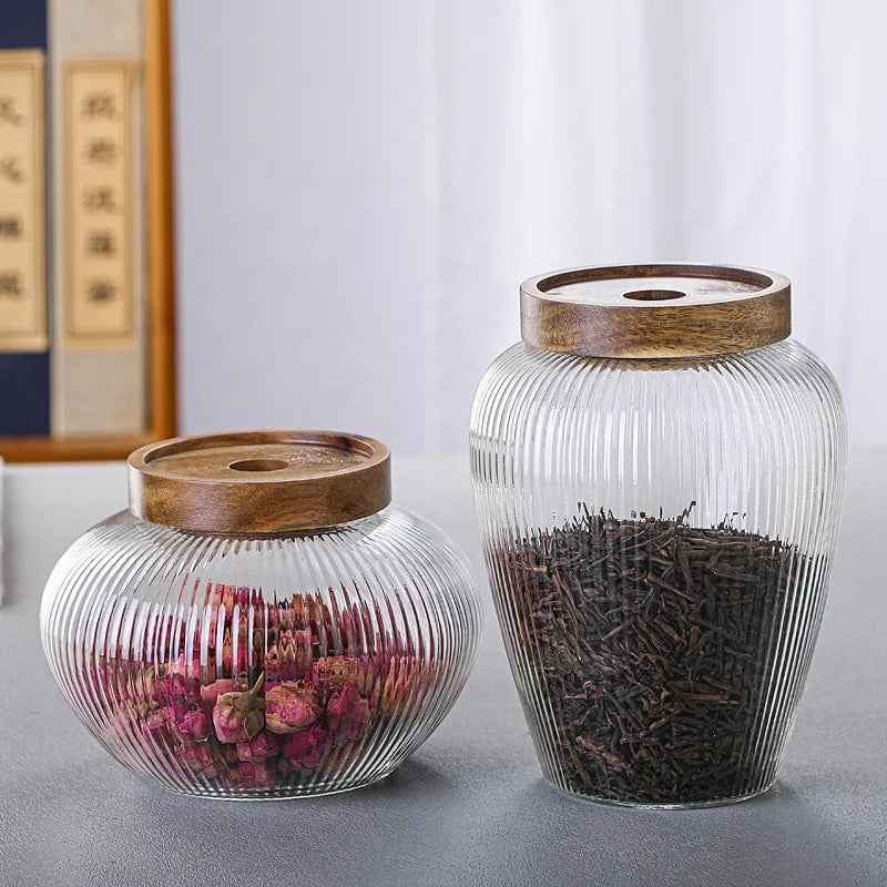 Borosilicate Glass Jars with Wooden Lid - Matka Ribbed Jar