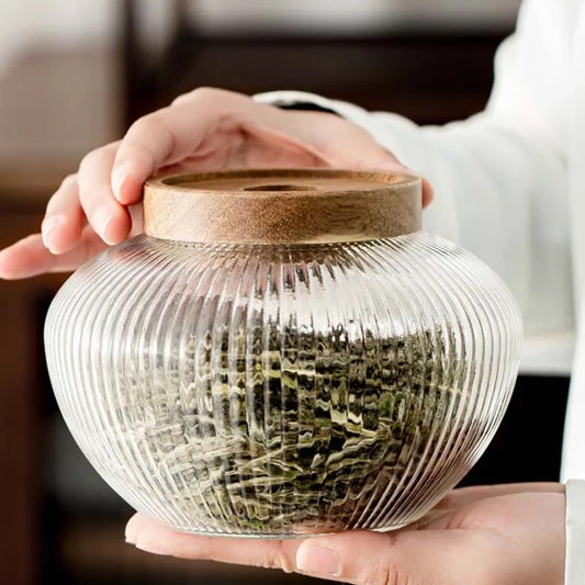 Borosilicate Glass Jars with Wooden Lid - Matka Ribbed Jar