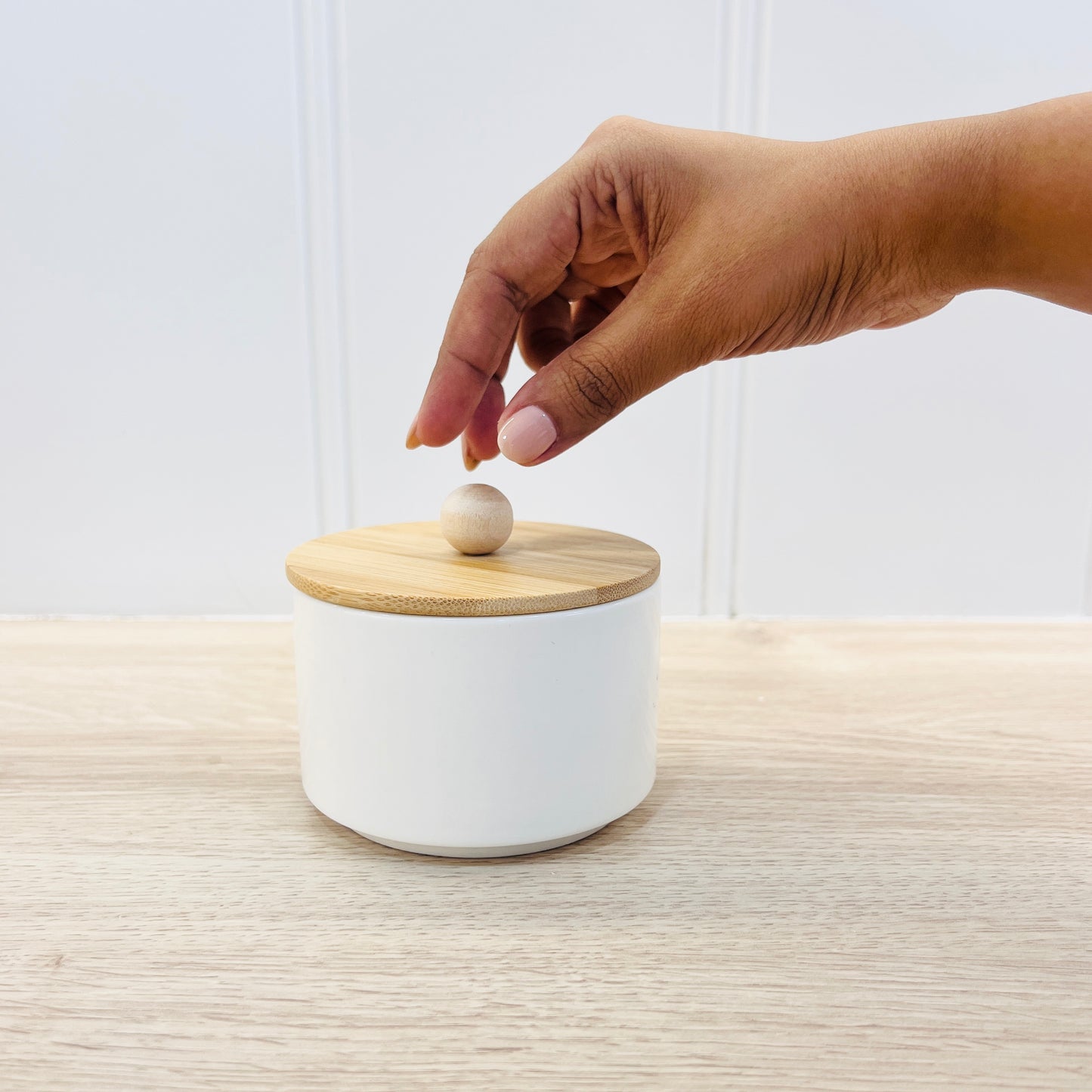Small White Ceramic Jar with Wooden Lid – 180 ml Multipurpose Storage Container