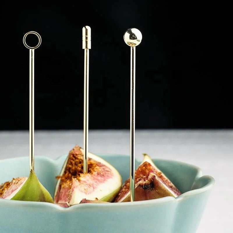Set of 6 Gold Cocktail Metal Picks & Skewers - Stainless Steel