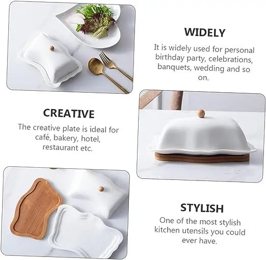 Butterfly-Inspired Porcelain Butter Dish with Detachable Wooden Base