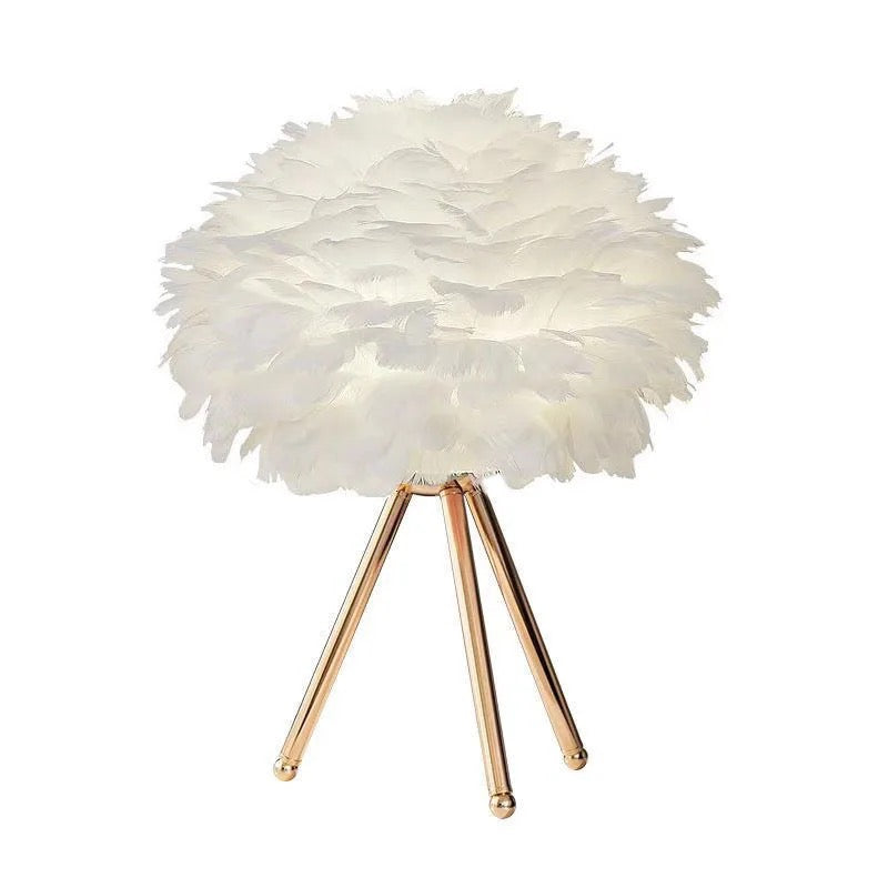 Luxury White & Gold Faux Ostrich Feather Table Lamp - Tripod Design