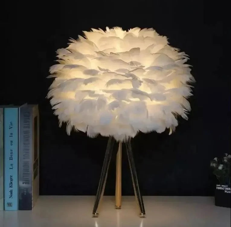 Luxury White & Gold Faux Ostrich Feather Table Lamp - Tripod Design