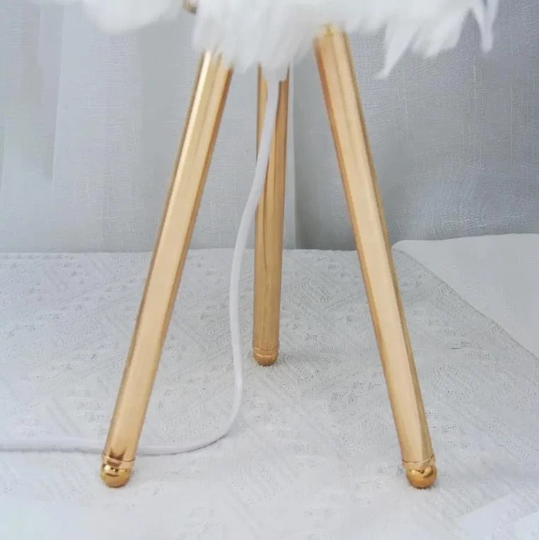 Luxury White & Gold Faux Ostrich Feather Table Lamp - Tripod Design