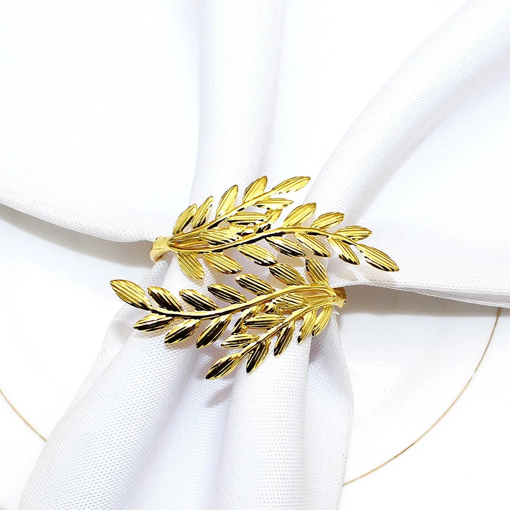 Gold Napkin Rings – Leaf Design - Set of 4, 6, or 8 (Elegant Metal Napkin Holders for Table Decor)