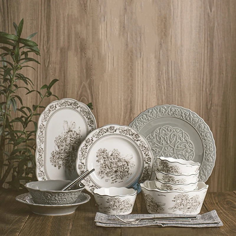 European Embossed Grey Ceramic Serving Bowl -6.5 inch- Pasta Bowl - 1 Piece