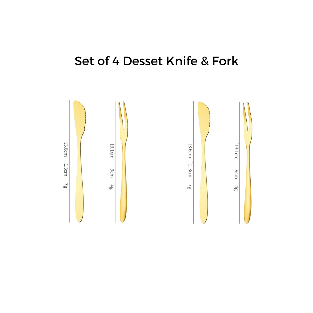 Dessert Knife and Fork Set - Set of 4 - Gold Stainless Steel