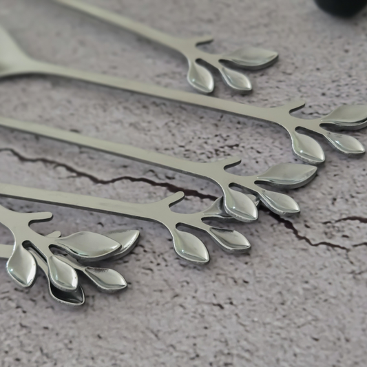 Luxury stainless steel leaf coffee spoon set with mirror finish for espresso, tea and everyday dining.