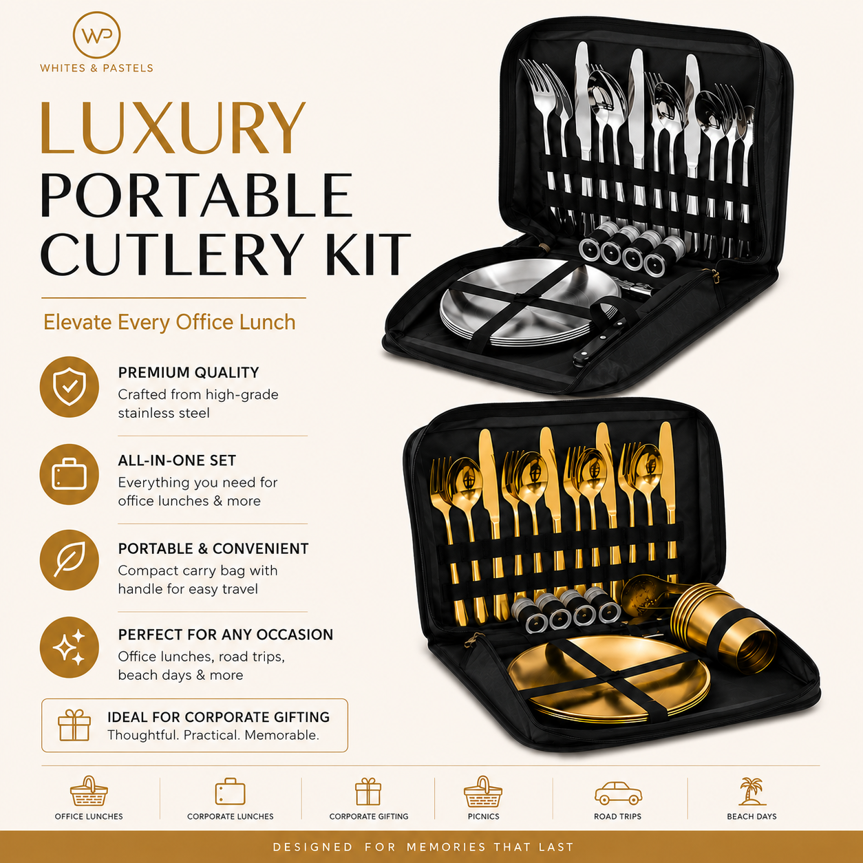 Cutlery Set for 4 with Carry Bag | Gold | Silver | Office & Outdoor Dining Kit
